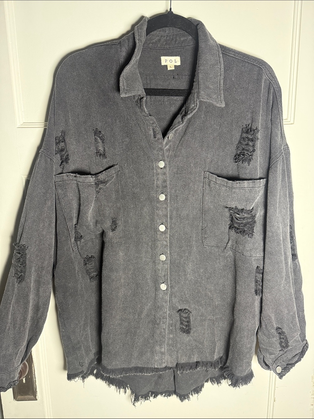 POL Women's Distressed Button-Down Shirt Jacket in Washed Gray